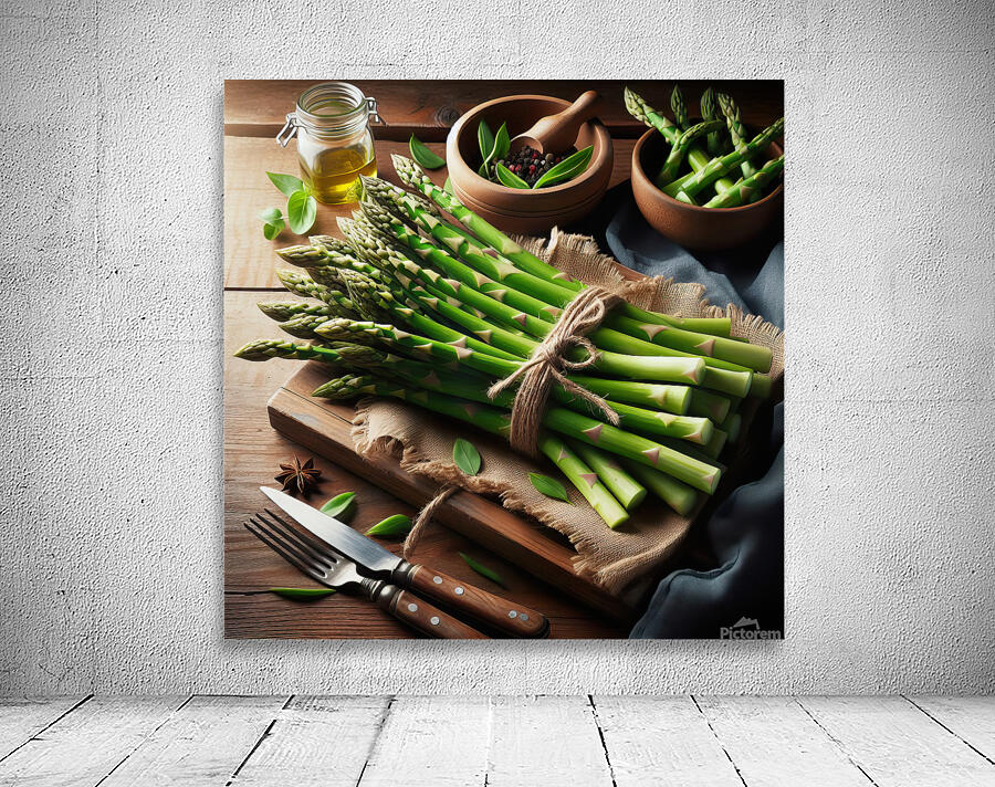 311 fresh thin green asparagus on a wooden table. Wall Preview