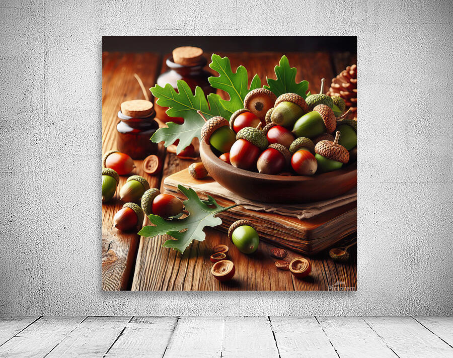 302 acorns and leaves on wooden table with copy s Wall Preview