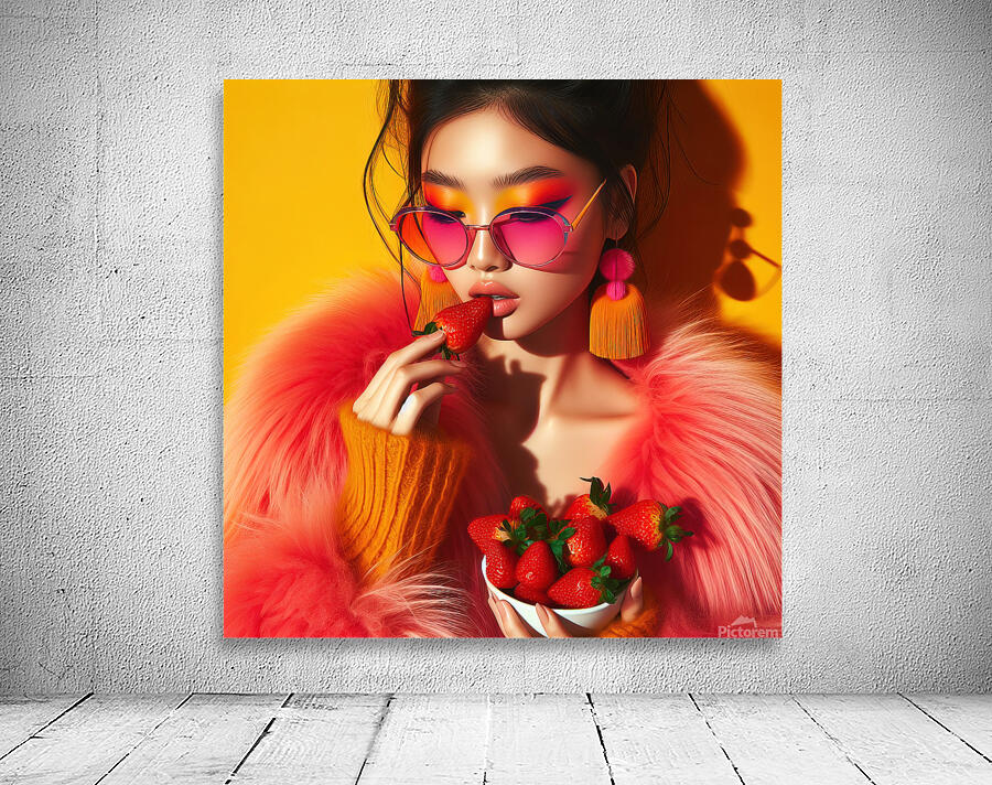 330 Young model in a vibrant colored suit eating Wall Preview