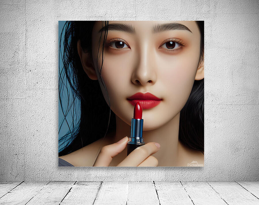 386 Women s red lipstick on blue background femin Wall Preview