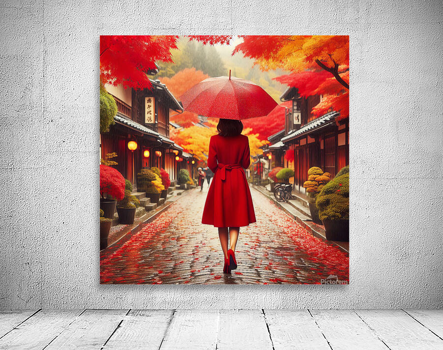 378 Woman in Red Coat with Red Umbrella from behi Wall Preview