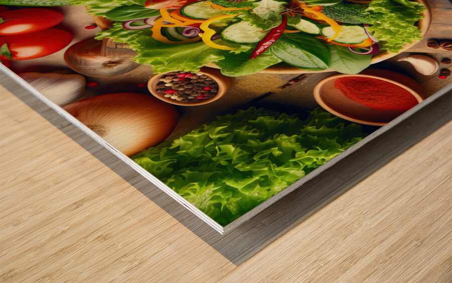 Healthy and natural onion tomato lettuce salad 8. Wood print