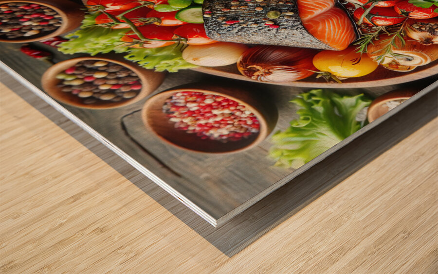 Salmon with vegetable garnish 2 Wood print