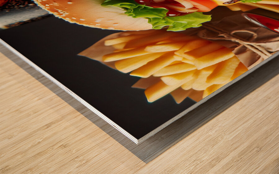 Hamburger french fries and drink on white 4 Wood print