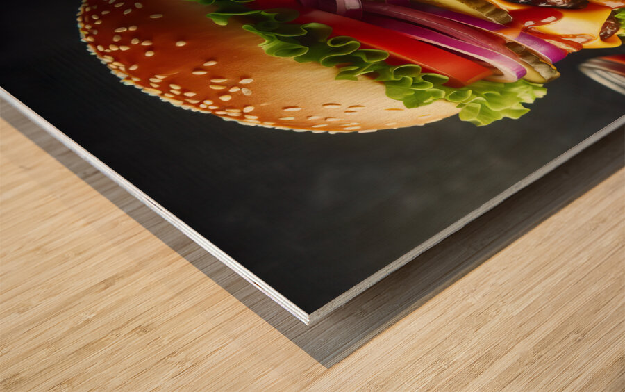 Hamburger french fries and drink on white 1 Wood print