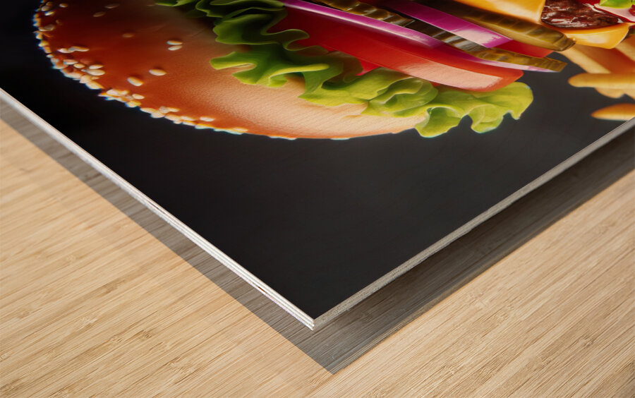 Hamburger french fries and drink on white 7 Wood print