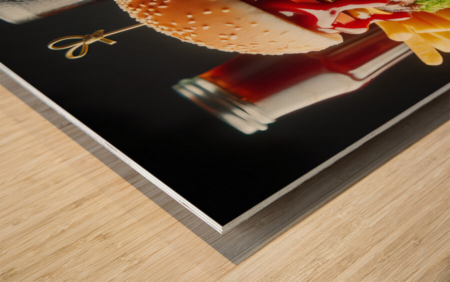 Hamburger french fries and drink on white 21 Wood print