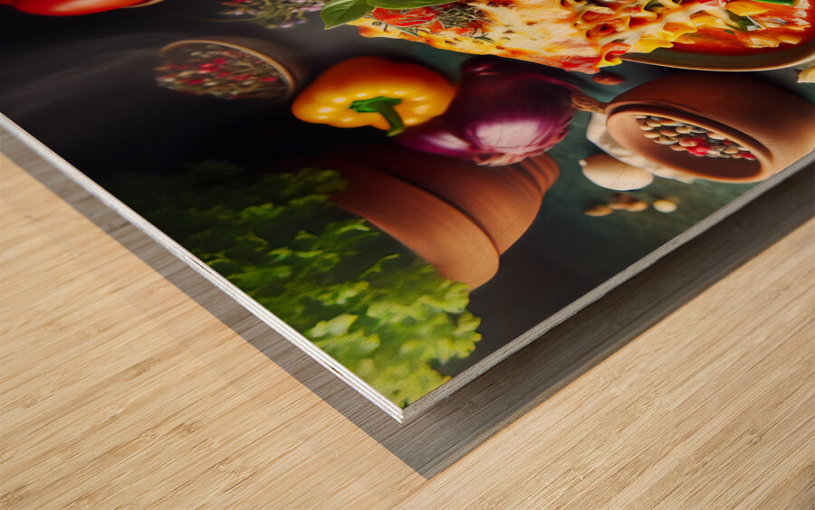 a plate of lasagna on a table with exquisite deco 1714414426.2011 Wood print