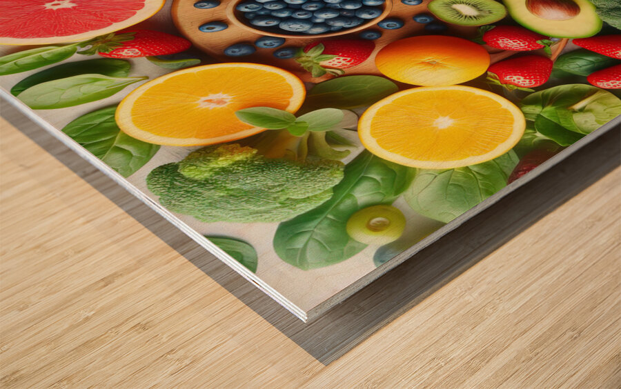 Health food for fitness concept with fruit vegeta Wood print