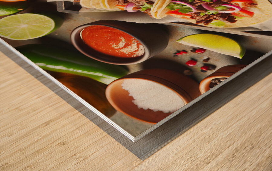 Delicious tacos on a plate placed on wooden table 1714682769.5112 Wood print
