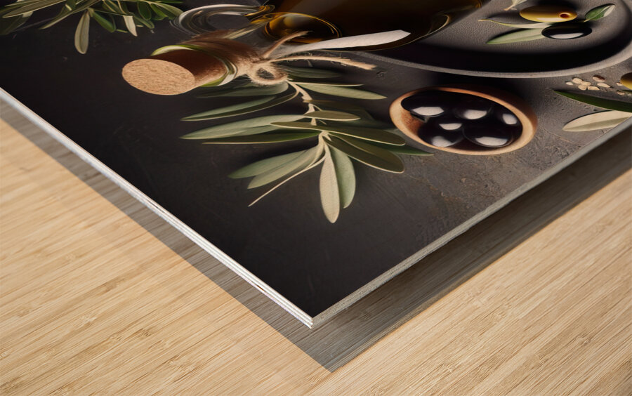 a bottle of extra virgin olive oil on a rustic ba 1714940180.9181 Wood print