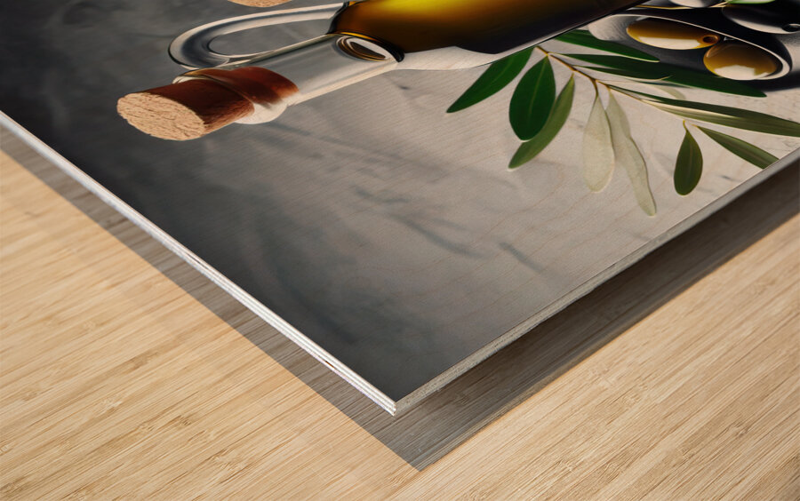 a bottle of extra virgin olive oil on a rustic ba 1714940173.2876 Wood print