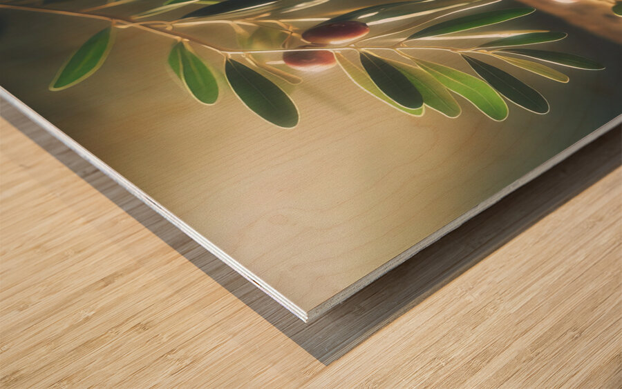 a bottle of extra virgin olive oil on a rustic ba 1714940152.7975 Wood print