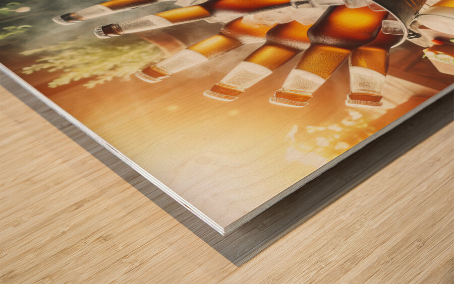 Metal bucket with beer bottles and ice cubes 17.j Wood print