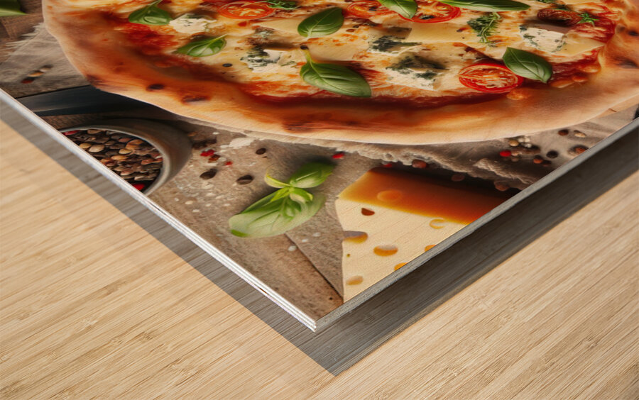 a delicious Italian salami cheese pizza over a wo Wood print