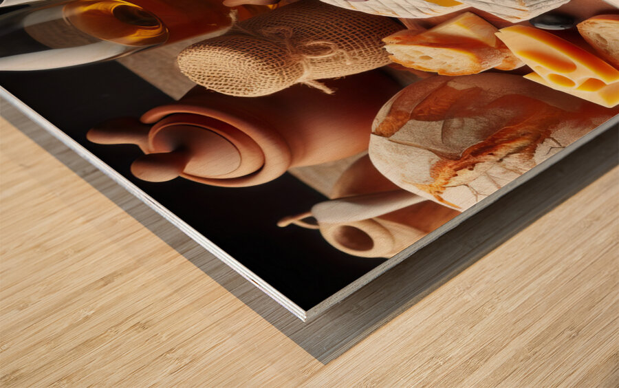 A wooden board with a variety of foods such as ch 1715187971.1457 Wood print