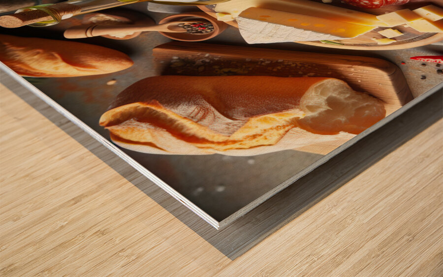 A wooden board with a variety of foods such as ch 1715187976.0502 Wood print