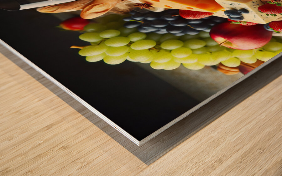 A wooden board with a variety of foods such as ch 1715187951.3367 Wood print