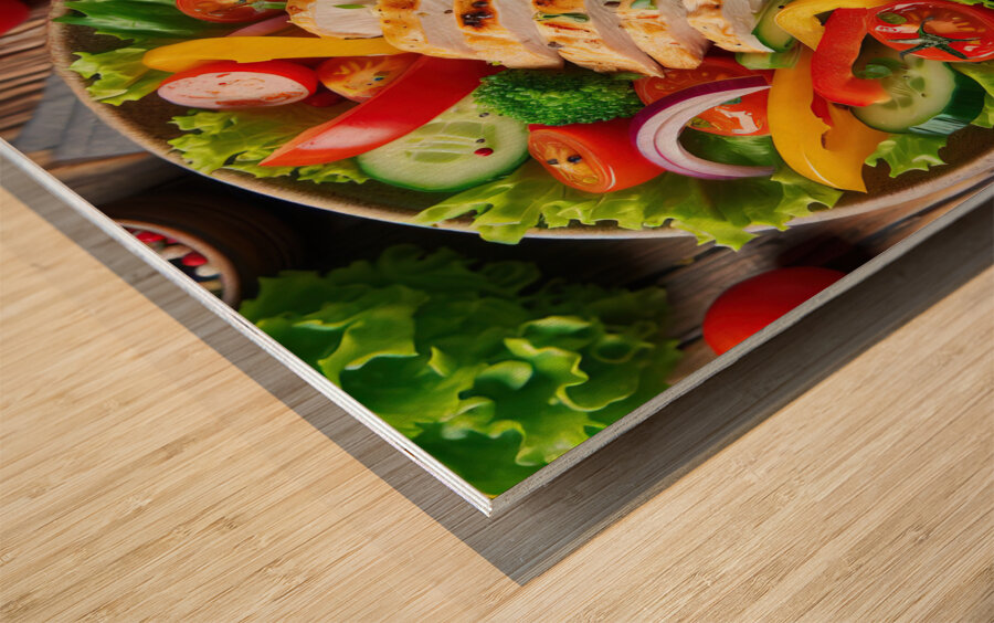 Chicken salad with tomato lettuce on wooden board 1715271873.2538 Wood print