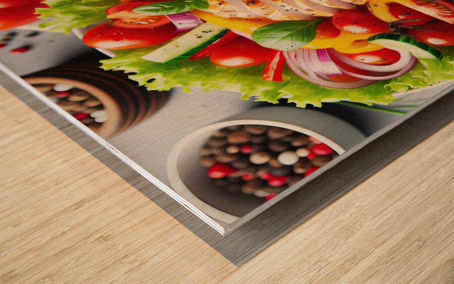 Chicken salad with tomato lettuce on wooden board 1715271954.6278 Wood print