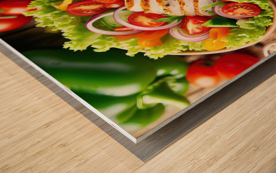 Chicken salad with tomato lettuce on wooden board 1715271953.3073 Wood print