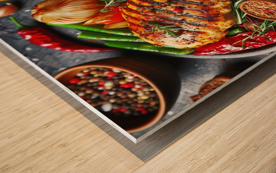 chicken fillet with vegetables vegetable garnish Wood print