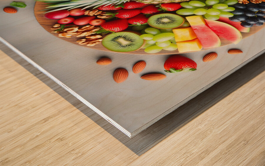 Assorted nuts background. Mix of walnuts almonds Wood print