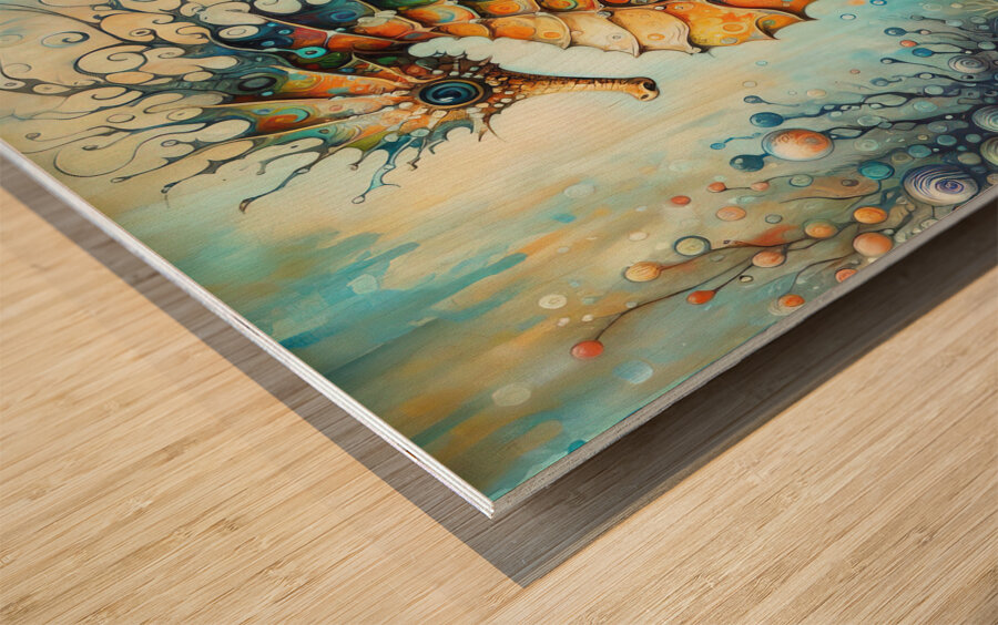 300 Mixed media painting of a whimsical seahorse. Wood print