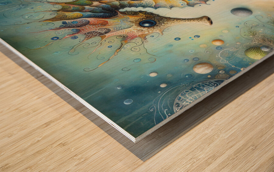 299 Mixed media painting of a whimsical seahorse. Wood print