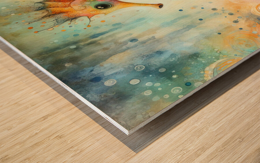 291 Mixed media painting of a whimsical seahorse. Wood print
