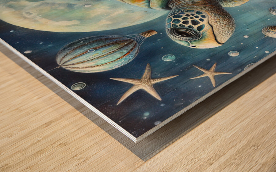 324 Mixed media painting of a whimsical sea turtl Wood print