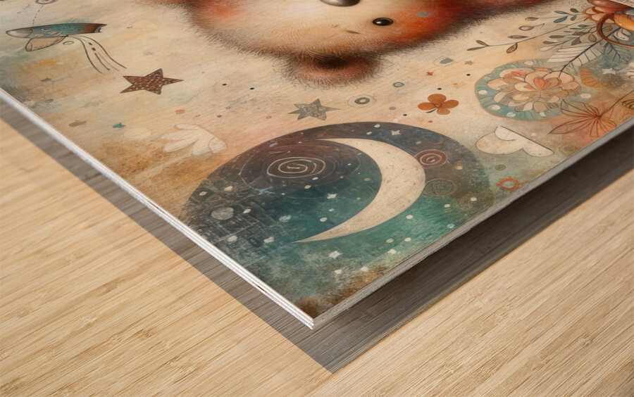 350 Mixed media painting of a whimsical bear Wood print