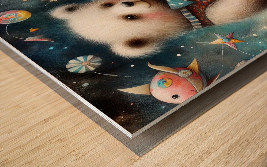 342 Mixed media painting of a whimsical bear Wood print