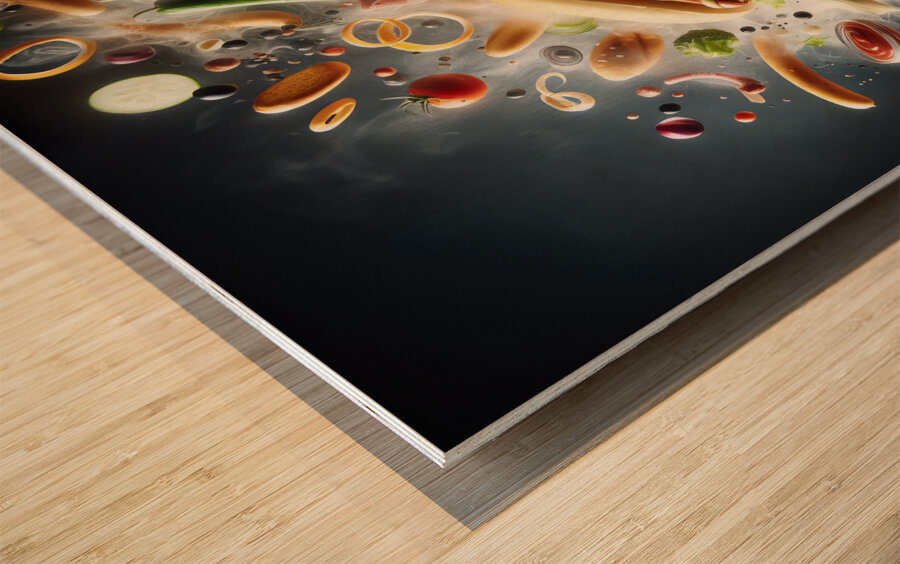 150 Creative food concept. Delicious hotdog bun w Wood print