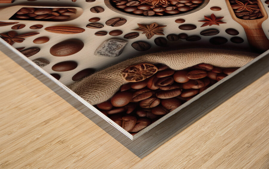 49 Coffee beans isolated top view white backgroun Wood print