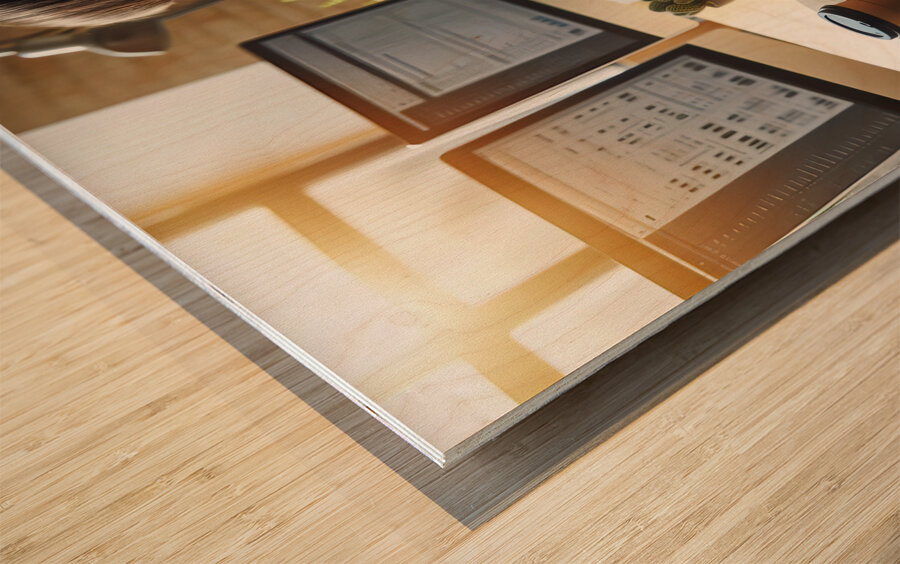 87 Woman working with her back at a desk with two 1718050788.6058 Wood print