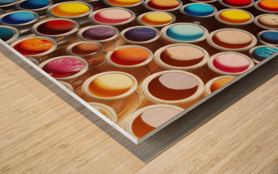 73 Row of Paint Cans Filled With Various Color.jp Wood print