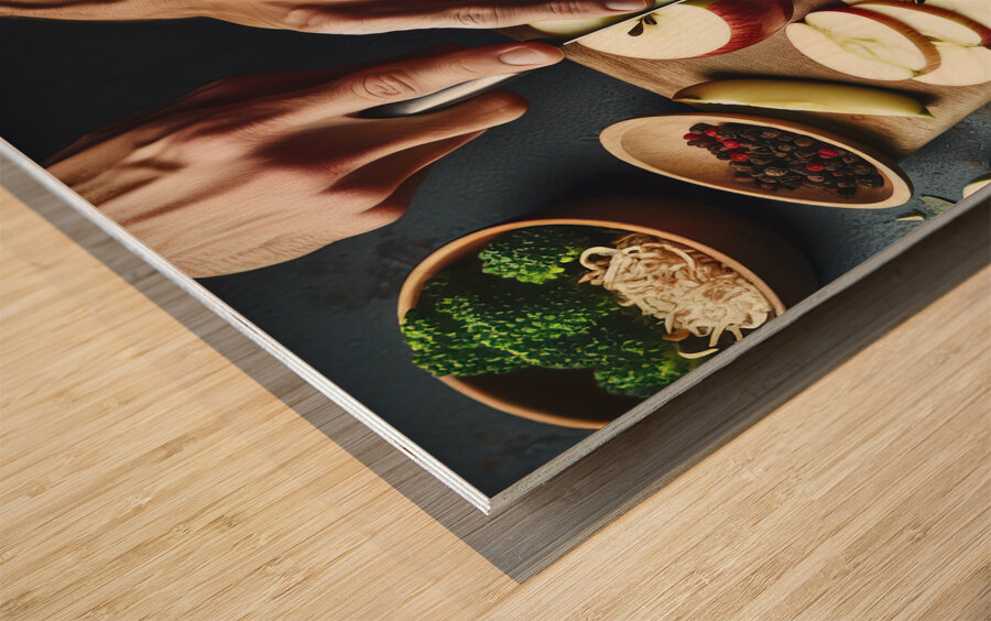 145 Cropped picture of hands cutting apple on cut Wood print