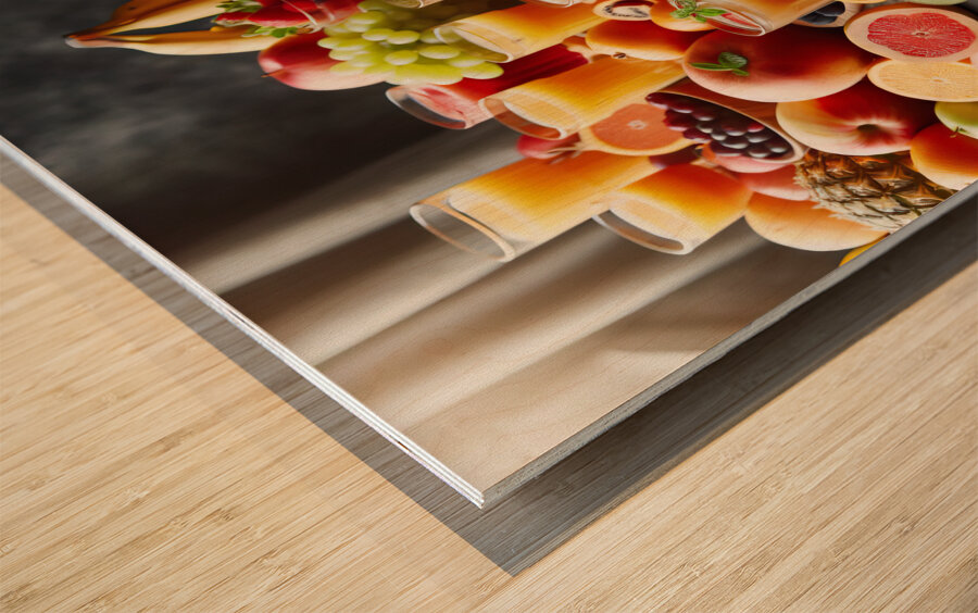 100 A table covered with glasses of juice and ass Wood print