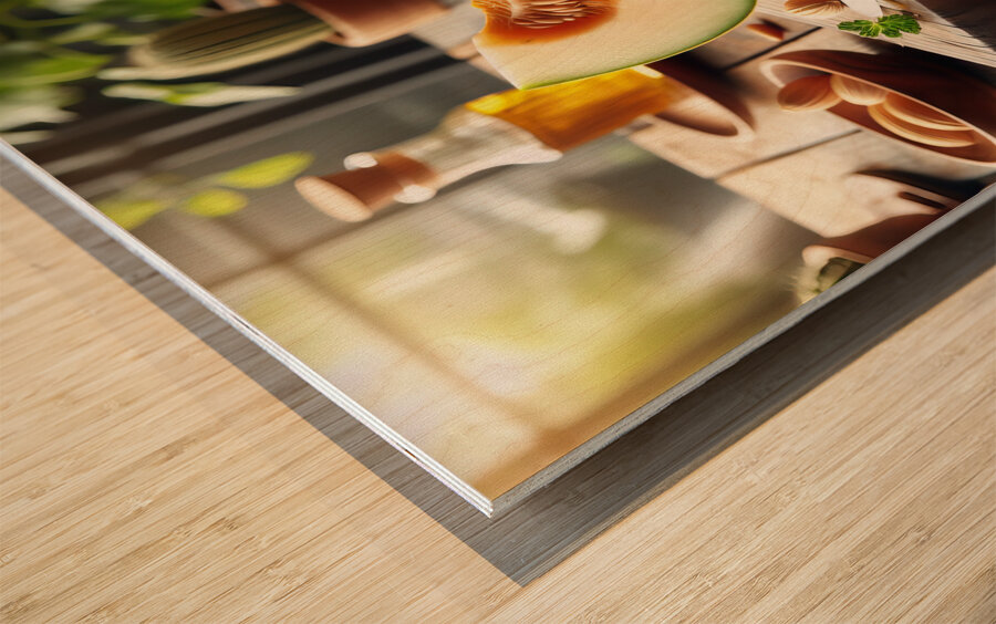 177 Fresh of whole and sliced orange melon or can Wood print