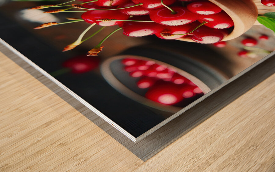 160 Red cherries on wooden board Wood print