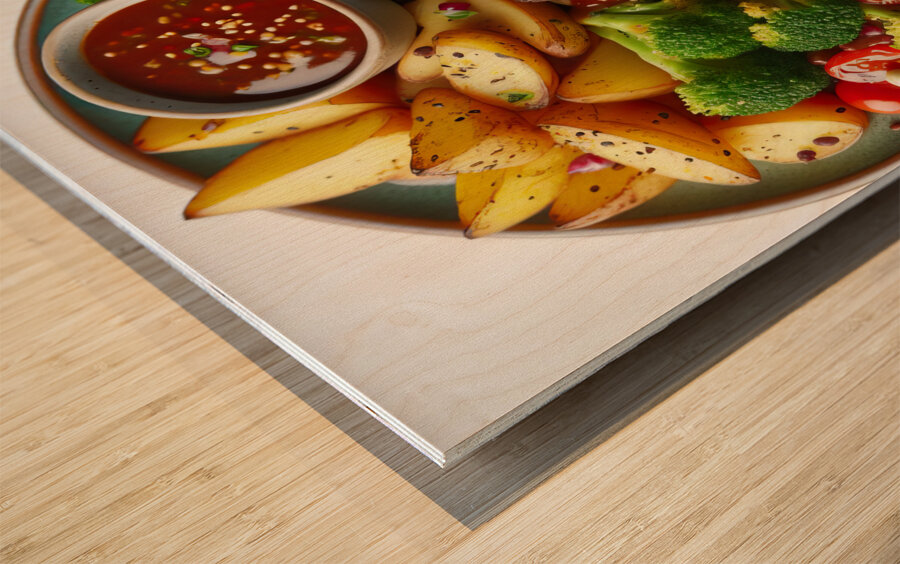 150 A plate of beef and broccoli potatoes with sa Wood print