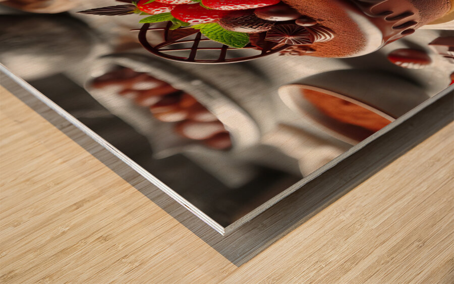 226 Chocolate cake with red berries and fruitscho Wood print