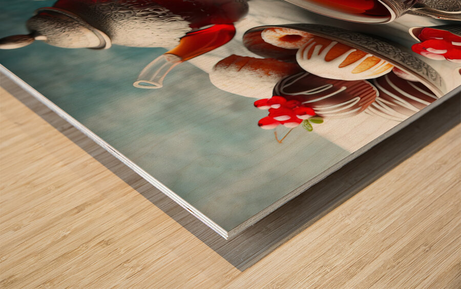 269 Two cups of red tea with cakes and sweets on Wood print