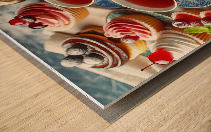 268 Two cups of red tea with cakes and sweets on Wood print