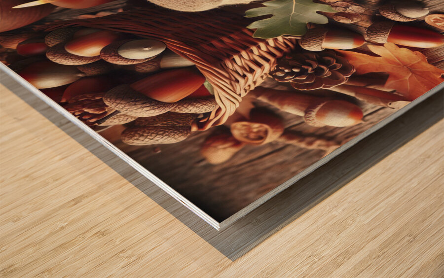 300 acorns and leaves on wooden table with copy s Wood print