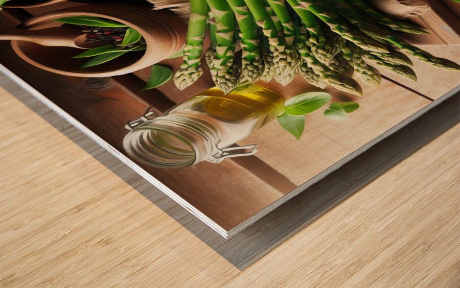311 fresh thin green asparagus on a wooden table. Wood print
