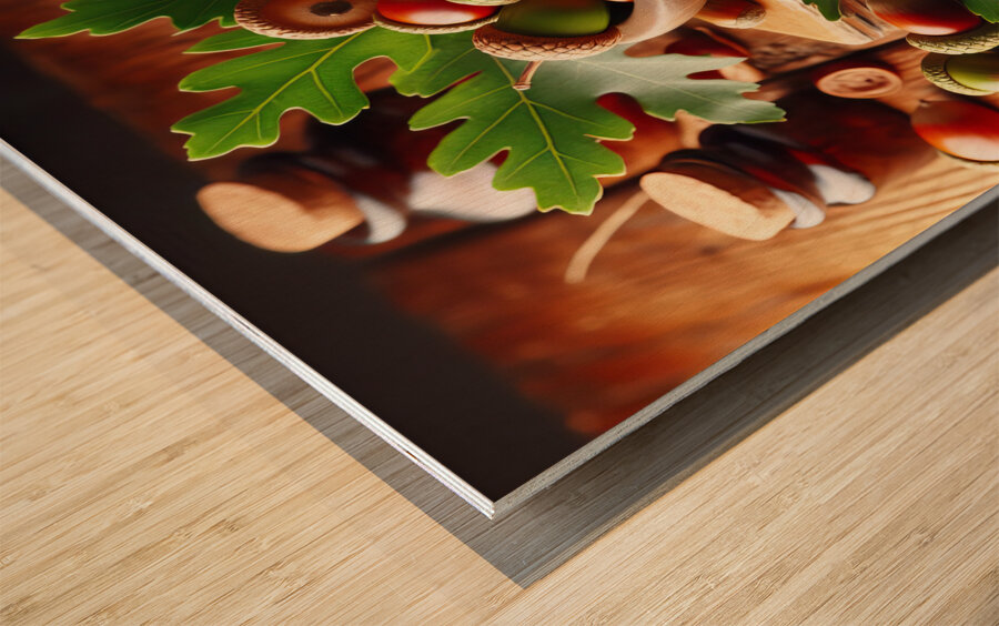302 acorns and leaves on wooden table with copy s Wood print