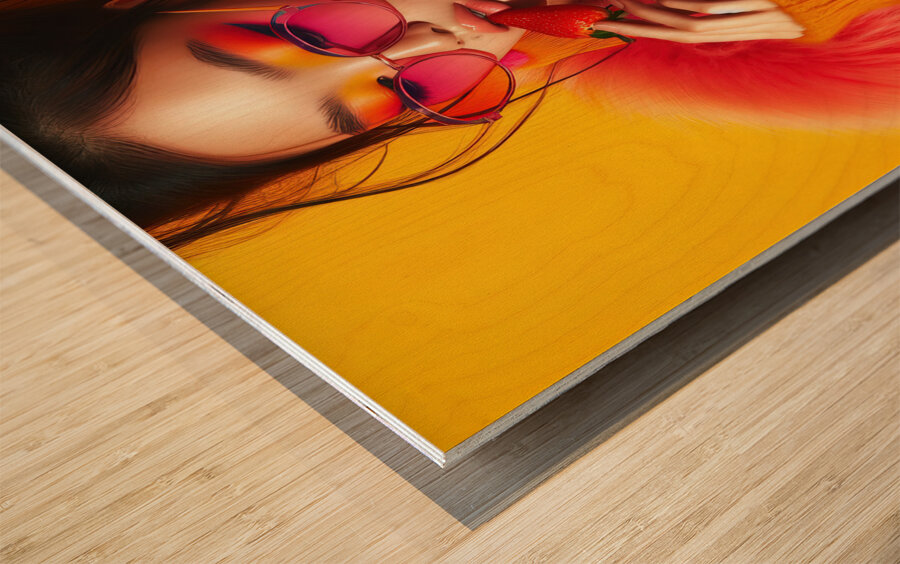 330 Young model in a vibrant colored suit eating Wood print