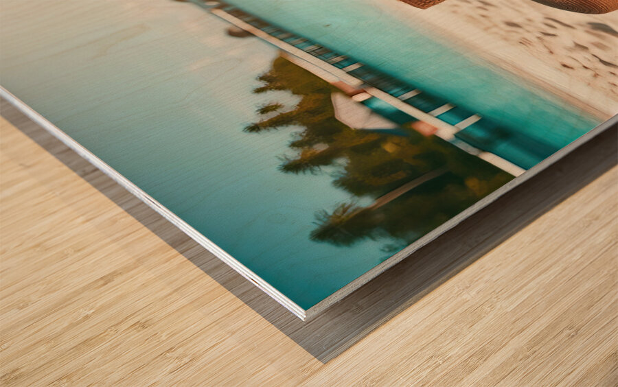 353 Bag with straw hat on the white sand on the t Wood print